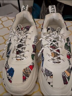 White Chunky Sneakers with Multicolor Graphic Panels